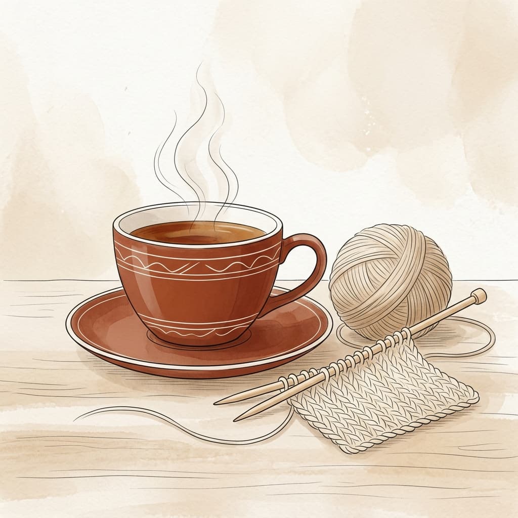 Cozy teacup and knitting illustration